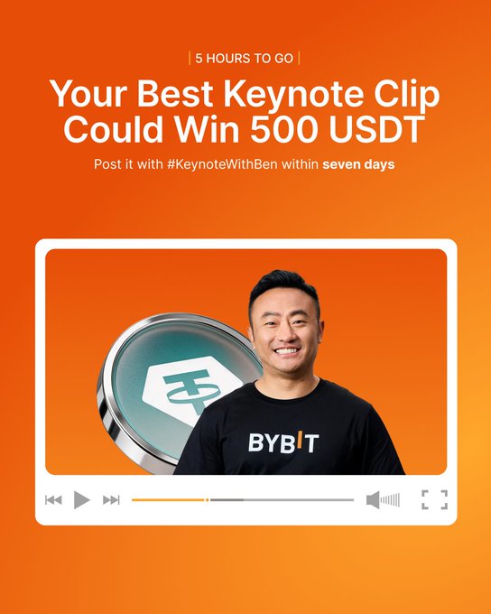 The image is a promotional graphic with an orange background featuring a video player showing a smiling man wearing a black "BYB|T" shirt in front of a Bybit logo, with text announcing "Your Best Keynote Clip Could Win 500 USDT" and instructing viewers to post with #KeynoteWithBen within seven days, matching the post's call-to-action for the Keynote with Ben giveaway starting Oct 13.