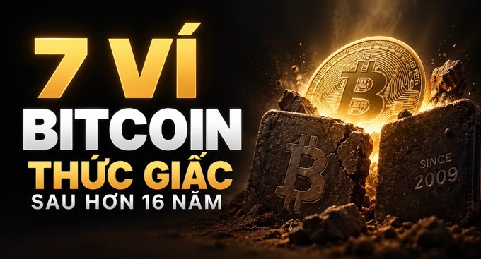 A graphic showing a glowing Bitcoin coin emerging from rocks with Vietnamese text reading '7 ví BITCOIN THỨC GIẤC SAU HƠN 16 NĂM' and 'SINCE 2009'.