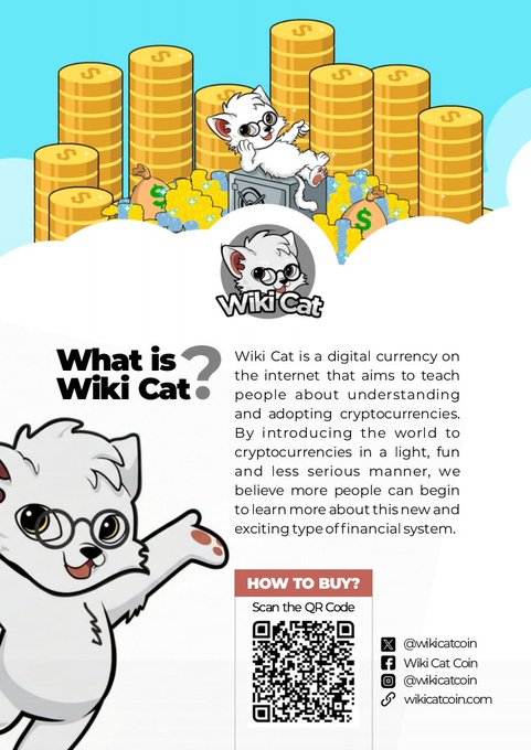 An infographic titled 'What is Wiki Cat?' describes the digital currency, featuring a cartoon cat character, stacks of gold coins, a QR code, and social media handles including @wikicatcoin.