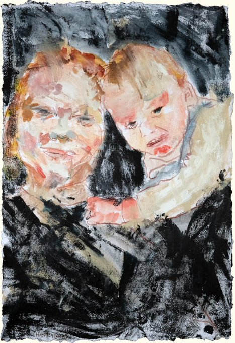 A watercolor and ink painting depicting two children, one appearing tired or sad with a darker expression, rendered in expressive strokes with a predominantly dark palette.