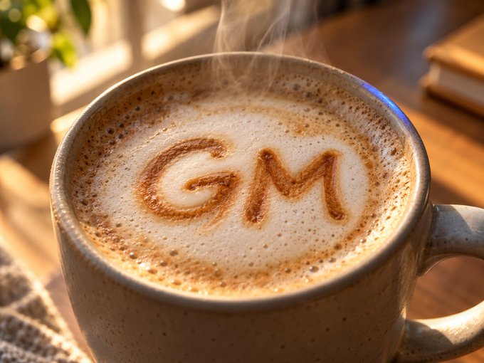 A steaming mug of cappuccino features "GM" artfully written in the foam, greeting the cozy arrival of October with a warm, autumnal vibe.