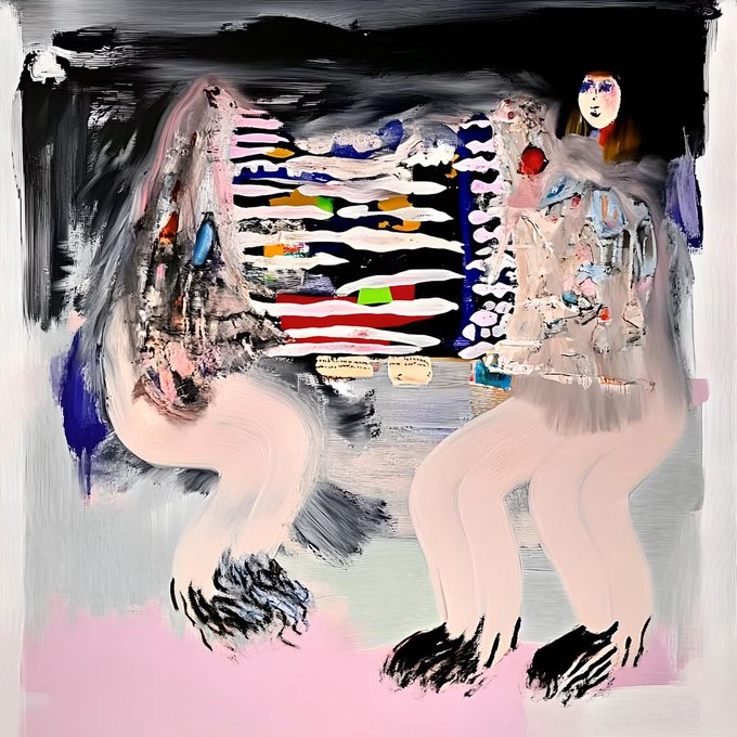 An abstract expressionist painting featuring two figures with pale pink legs and black hooves seated at a colorful striped table with a small figure's face visible in the upper right.