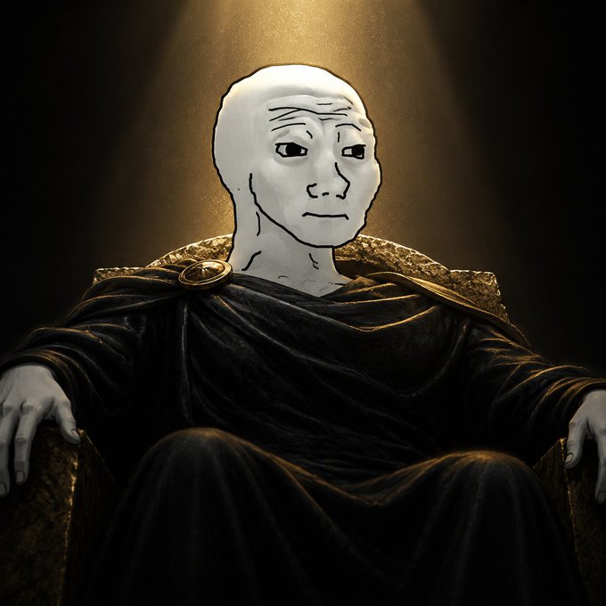 The Wojak character depicted as a regal figure in a dark robe, seated on a throne and illuminated by a golden spotlight from above.