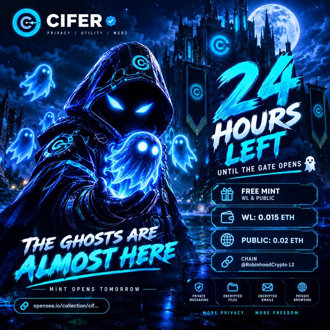 A promotional graphic for 'CIFER' (Privacy/Utility/Web3) featuring a hooded figure with glowing blue eyes holding a ghost, with text reading '24 HOURS LEFT UNTIL THE GATE OPENS,' 'THE GHOSTS ARE ALMOST HERE,' and details for a free mint and ETH pricing on the RobinhoodCrypto L2 chain.