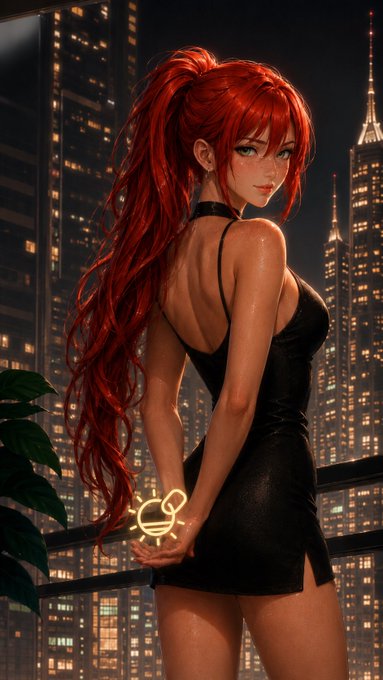 The image features a woman with red hair wearing a black dress, standing against a city skyline at night. She has her back turned towards the viewer, giving off an air of mystery or intrigue. The background includes tall buildings that appear to be illuminated by streetlights and neon lights, creating a vibrant and dynamic urban atmosphere. The post in question is titled "A new era of @SolOnChain is here Are you ready?" which suggests that the woman's appearance might be related to a new product or service being introduced on social media platforms.