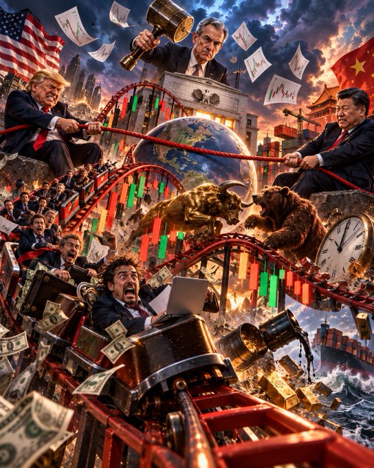 The image visualizes a chaotic financial scenario where Donald Trump and Xi Jinping pull a red rope amidst flying dollar bills and charts, while Jerome Powell watches with a gavel above a roller coaster track made of stock candlesticks, symbolizing the crash and conflict described in the text about Fed data and trade talks.