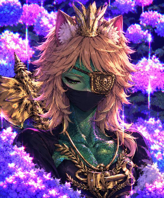An anime-style fantasy illustration depicts a feline humanoid character with cat ears, a golden crown, and an ornate eye patch, set against a vibrant background of purple and pink blossoms.