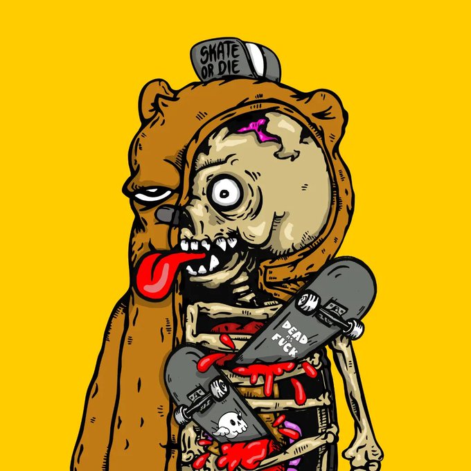 A cartoon illustration of a zombie bear wearing a hat labeled 'SKATE OR DIE', holding skateboards with 'DEAD FUCK' and skull graphics, with blood and guts against a yellow background.
