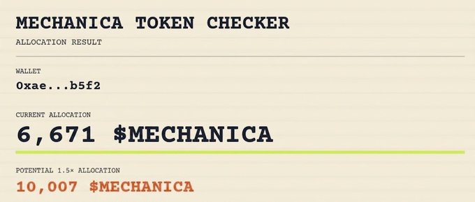 The image shows a "MECHANICA TOKEN CHECKER" allocation result displaying wallet "0xae..b5f2" with a current allocation of 6,671 $MECHANICA tokens and a potential 1.5x allocation of 10,007 $MECHANICA tokens. This relates to the post by encouraging community members to verify their $MECHANICA airdrop allocations on the Robinhood Chain network.