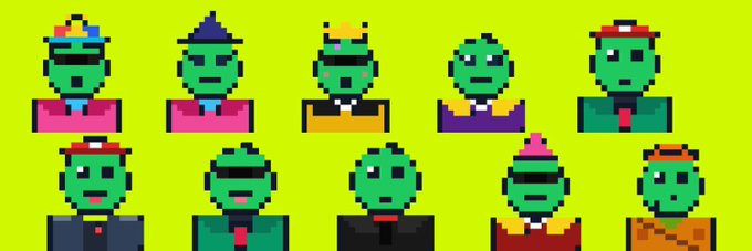 A pixel art image showing ten green-skinned character sprites with various hats and outfits arranged in two rows of five against a bright green background.