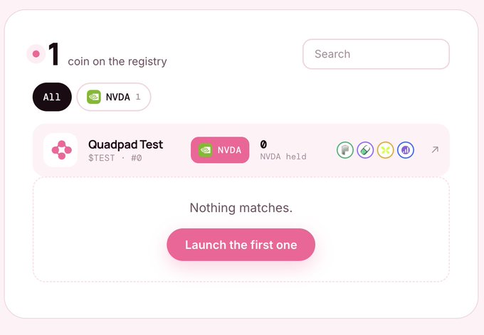 A user interface showing '1 coin on the registry' and 'Quadpad Test' with a button labeled 'Launch the first one'.