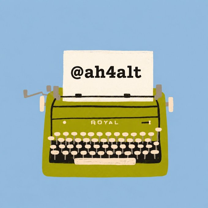 Illustration of a vintage green Royal typewriter against a light blue background, with a piece of paper inserted that reads '@ah4alt'.
