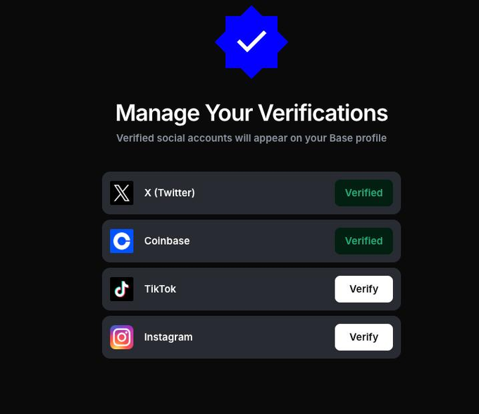 The image shows a "Manage Your Verifications" page on Base, where users can link and verify social accounts (X/Twitter and Coinbase are already verified, while TikTok and Instagram have "Verify" buttons). This ties to the post's message about genuine ecosystem participation on Base — such as engaging across platforms and building a social presence — rather than just treating it as a transaction checklist to farm a potential airdrop.