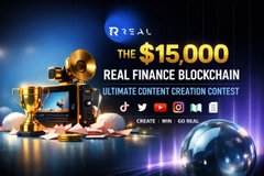 The image shows a poster for a video game competition called "The $15,000 Real Finance Blockchain Ultimate Content Creation Contest". The text on the poster congratulates players for participating in this innovative event, which involves using real finance concepts to create an educational content piece about blockchain technology within the gaming industry. Various creative elements such as gold coins, medals, and a trophy are displayed alongside images of clocks and money. Additionally, there is a small ball inside the image with a blue background.