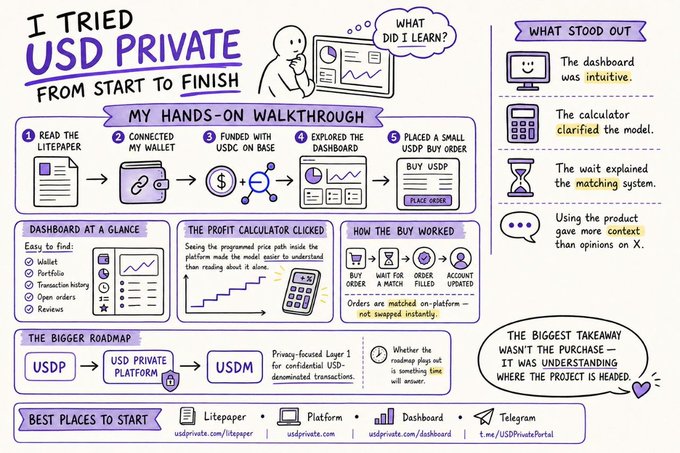 A hand-drawn style sketchnote titled 'I TRIED USD PRIVATE FROM START TO FINISH', documenting a walkthrough of the USDP platform, dashboard, and profit calculator.
