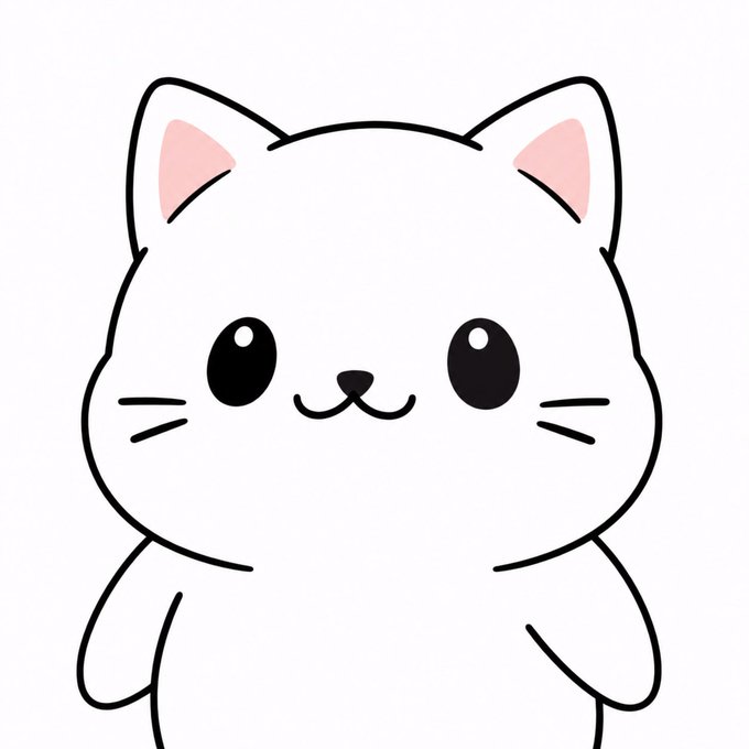 A simple cartoon illustration of a white cat with pink inner ears, large black eyes, and a small smiling mouth on a white background.