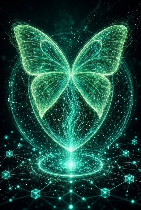 A digital artwork depicting a glowing green butterfly with intricate wing patterns set against a dark background filled with particle effects and hexagonal shapes.