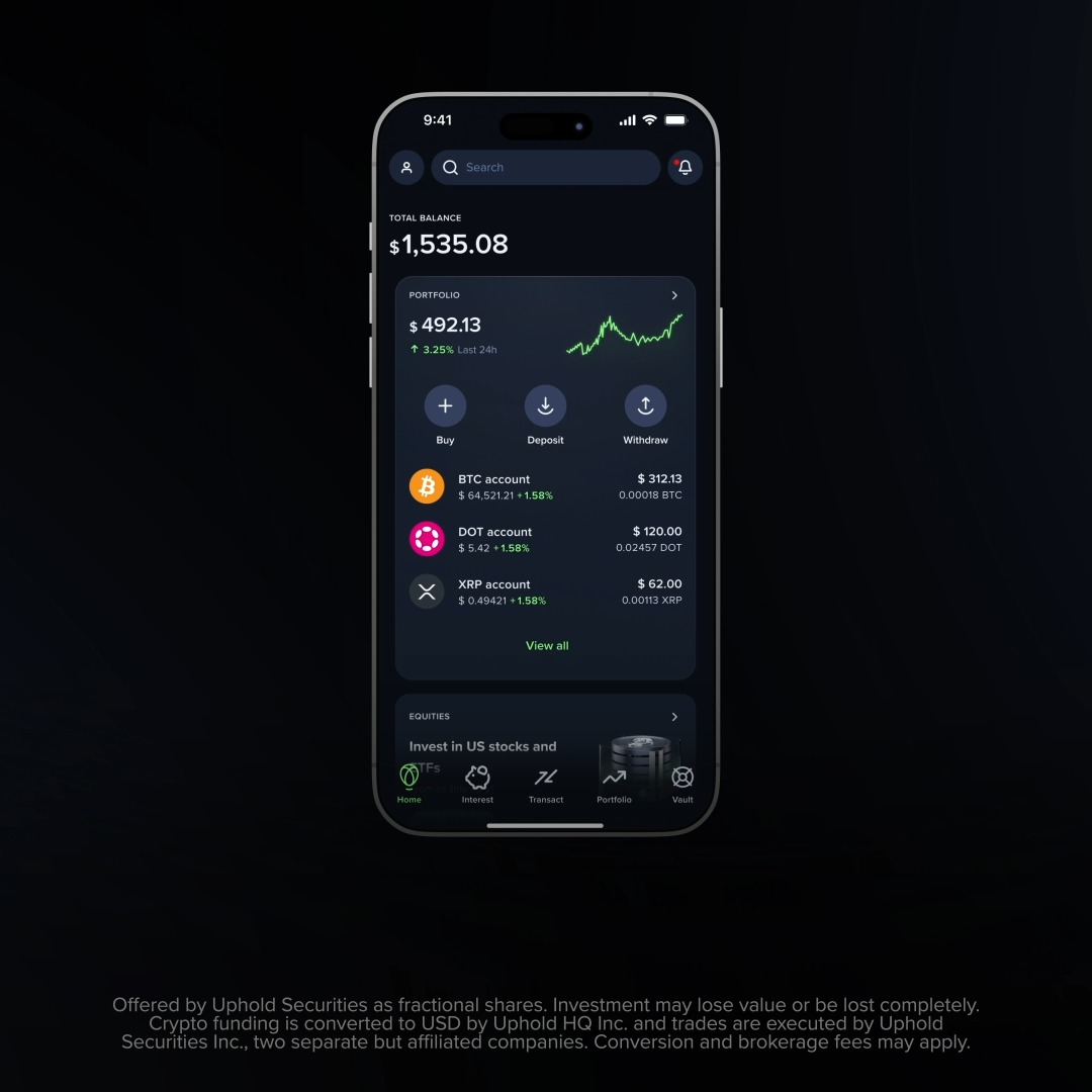 A smartphone displays the Uphold app's dark-themed dashboard showing a total balance of $1,535.08 and a portfolio of $492.13 (up 3.25% in 24h), with holdings across BTC, DOT, and XRP accounts, alongside quick action buttons for Buy, Deposit, and Withdraw. The interface directly supports the post's message by illustrating how Uphold brings crypto and traditional investments together in one app, with a navigation tab for "Portfolio" and a section promoting US stocks and ETFs investment.