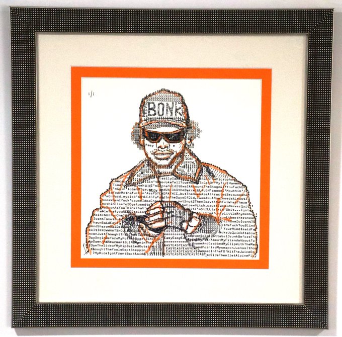 A framed typographic portrait created from text, depicting a figure wearing a hat labeled "BOMB" and sunglasses, with the artwork bordered in orange against a dark dotted frame.