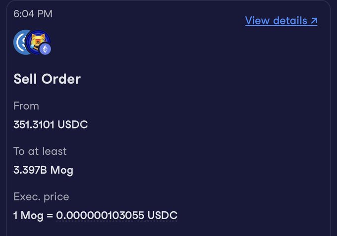 A cryptocurrency sell order notification showing 351.3101 USDC being sold for at least 3.397B Mog at an execution price of 1 Mog = 0.000000103055 USDC.