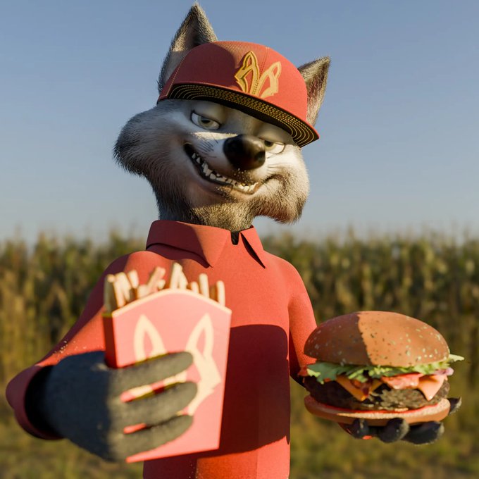 The image features a cartoon wolf wearing a red shirt, hat, and holding a red cup with a hamburger inside. The caption of the image reads "good morning frens don't miss out on today's opportunities on @wolfswapdotapp who knows... today might just be the day your mystery box drops enjoy your tacos!".