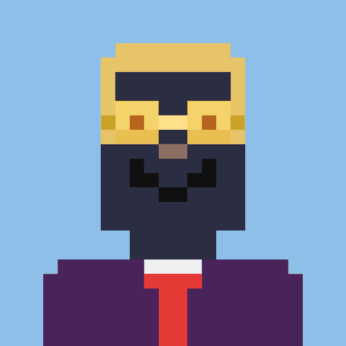 A pixel art portrait of a bearded man with yellow hair/goggles wearing a purple suit with a red tie against a light blue background.
