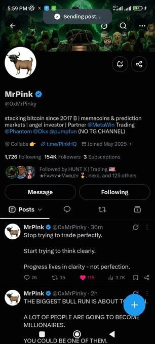 A screenshot of MrPink's (@0xMrPlinky) Twitter/X profile with posts about trading and crypto, showing 154K Followers.
