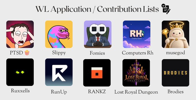 The image displays a grid of ten NFT project logos under the heading "WL Application / Contribution Lists," including PTSD, Slippy, Fomies, Computers Rh, musegod, Ruxxells, RunUp, RANKZ, Lost Royal Dungeon, and Brodies. This visual accompanies a post sharing available whitelist application and contribution opportunities for these specific NFT projects, with labels under each logo corresponding to the projects mentioned in the text.