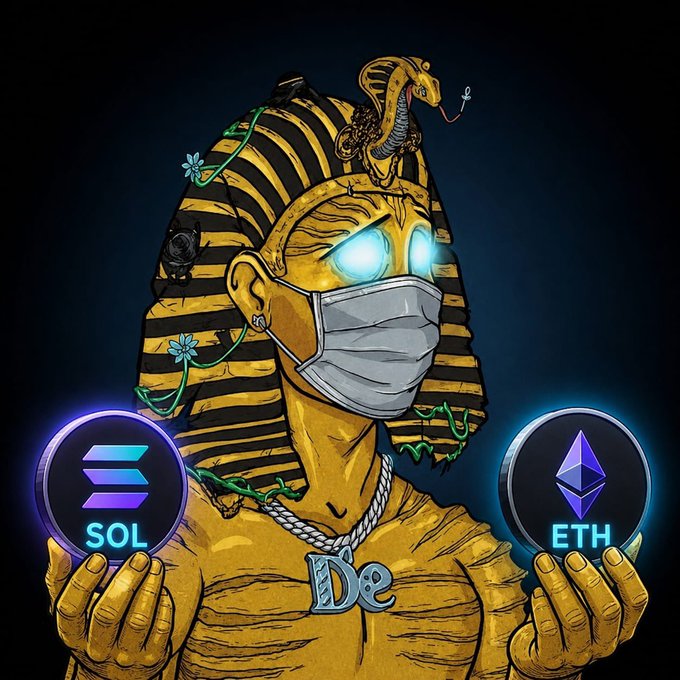 The image features a man wearing a golden crown, holding two coins - one labeled "SOL" and the other "ETH". The caption below the image reads "drop $SOL or $ETH Wallets everyone should get to eat." This suggests that the coins are related to cryptocurrency, specifically Bitcoin.