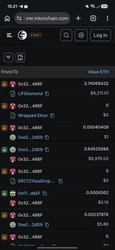A mobile screenshot of the imToken cryptocurrency wallet interface showing a transaction history with various Ethereum wallet addresses and balances in ETH.