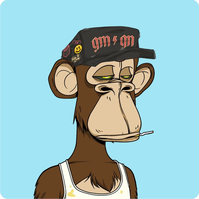 A cartoon Bored Ape-style monkey character wearing a black 'gm' cap with patches and a white tank top, smoking a cigarette against a light blue background.