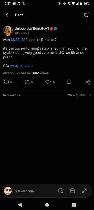 A screenshot of an X (formerly Twitter) post by @theniipics (Unipics aka 'Bonk Guy') asking about listing $SUSELESS coin on Binance, CC'd to @heyibinance, posted at 2:36 AM on Sep 23, 2026.