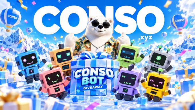 A promotional graphic for a 'CONSO BOT GIVEAWAY' featuring a bear in a floral shirt surrounded by colorful robots, balloons, and gift boxes.