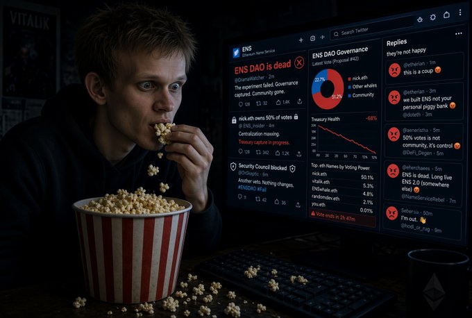A man nervously eats popcorn in front of a computer screen displaying a tweet about "ENS DAO Governance" with the headline "ENS DAO is dead" and charts showing "Treasury Health" at -68%, alongside replies criticizing that the founder "nick.eth" holds 50% of votes and "this is a coup." The image humorously illustrates the drama described in the post about the ENS DAO's centralization issues, with the man watching the governance meltdown unfold like a spectator at a spectacle.