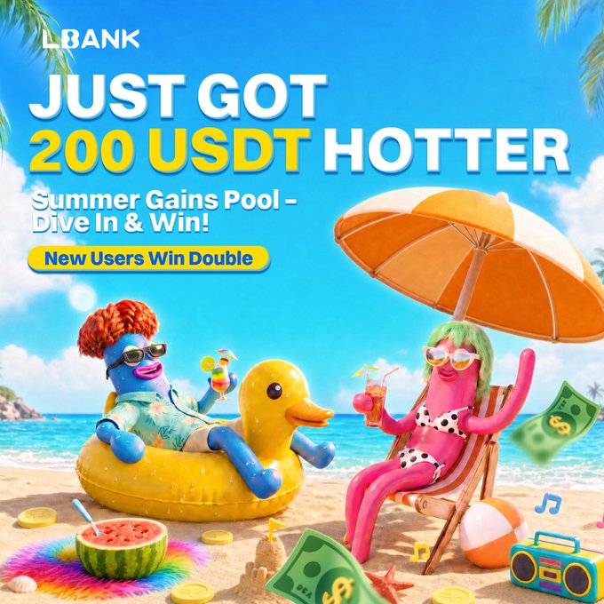 A promotional image for LBank's "Summer Gains Pool - Dive In & Win!" campaign features cartoon characters enjoying a beach scene under a sunny sky, with bold text announcing "JUST GOT 200 USDT HOTTER" and "New Users Win Double." The image ties directly to the post celebrating the announcement of winners from the 200 USDT Summer Gains Pool.