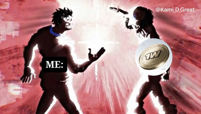 Meme image showing a man labeled 'ME:' facing a figure whose head is replaced by a 'TW' coin, with '@Kami_D_Great' watermark.