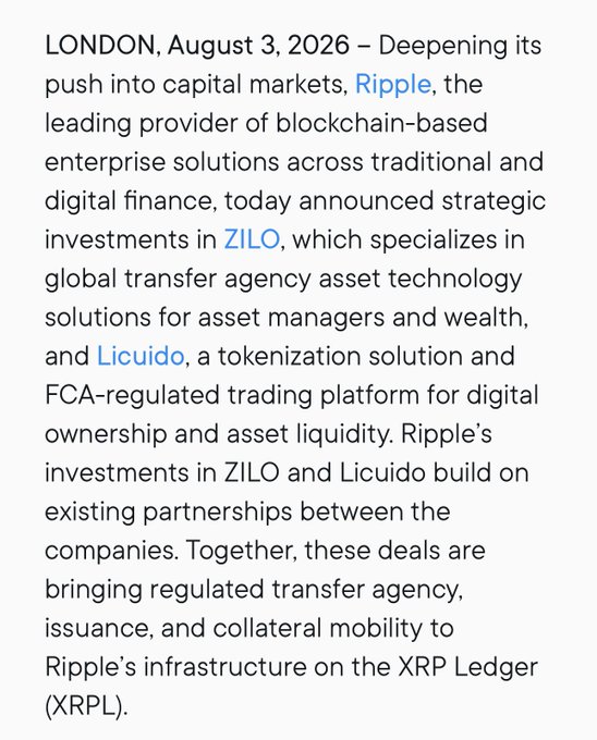 Ripple announced strategic investments in ZILO and Liquido to enhance its capital markets infrastructure, integrating regulated transfer agency, issuance, and collateral mobility on the XRP Ledger (XRPL).

This relates to the post's emphasis on Ripple's institutional infrastructure addressing issuance, custody, and collateral utility, with the ZILO and Liquido deals serving as concrete examples of these capabilities—particularly the "collateral utility" component—being expanded on the XRPL.