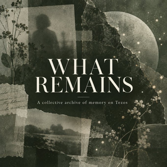 Promotional graphic titled 'WHAT REMAINS - A collective archive of memory on Tezos' featuring a dark, collage-style aesthetic with a moon, floral elements, and vintage photographs.