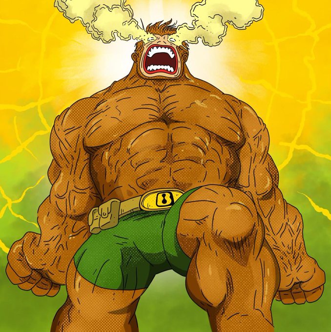An illustration of a massive, muscular superhero character wearing green trunks with an '8' on the belt buckle, roaring with steam shooting from his head against a yellow background.