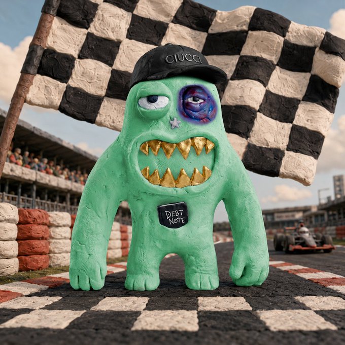 A green claymation monster wearing a black cap labeled 'CIUCCI' stands at a race finish line, holding a checkered flag, with a 'DEBT NOTE' plaque on its chest.