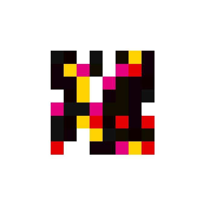 A larger, clearer view of a colorful pixelated square pattern with red, yellow, pink, and black blocks, matching Credit #40831 from the previous image.