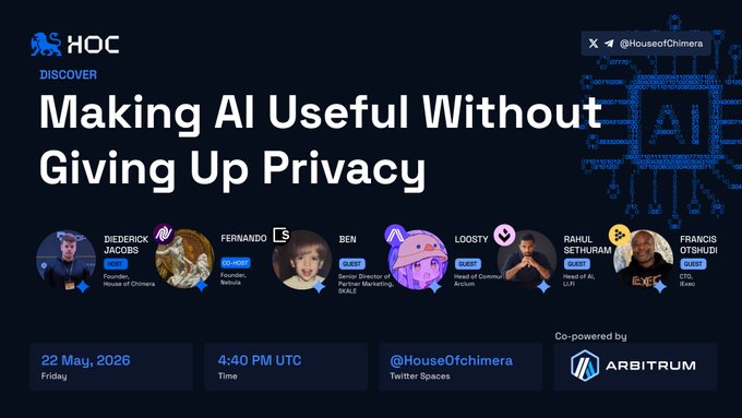 The image features a poster for an event titled "Making AI useful without giving up privacy" with a blue background, white text, and several circles containing different people's names. The poster also includes a date, time, and location of the event. The main focus is on the importance of protecting user privacy while using AI technology.