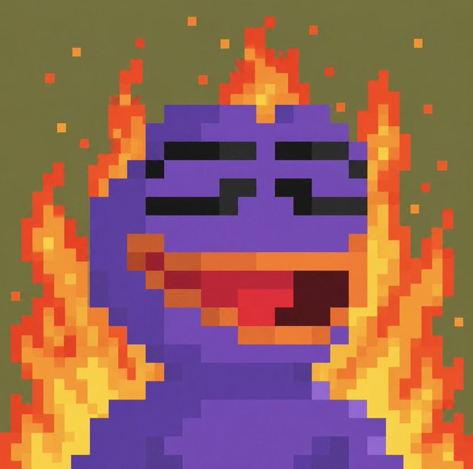 A pixel art image depicting a purple character engulfed in bright orange and yellow flames against a solid olive-green background.