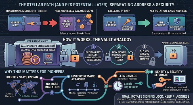 The image, titled "THE STELLAR PATH (AND PI'S POTENTIAL LATER): SEPARATING ADDRESS & SECURITY," uses a vault analogy and diagrams to illustrate how a "Pioneer's Stable Address" can maintain balance and history while keys are swapped for quantum-safe security. It contrasts the traditional Bitcoin model (where moving balance breaks links) with Stellar/Pi's path, where the same address persists through key rotation—shown via 3 steps: existing key authenticates, new quantum-safe signer is added, and old key authority is removed.

This directly supports the post's core idea: that an address (identity) and a key (security lock) are separate components, allowing Pioneers to keep their identity stable while upgrading their security over time.
