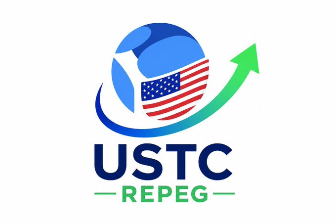 A USTC repeg logo featuring a stylized globe with the American flag, encircled by an upward-pointing green arrow, displayed above the text "USTC" and "REPEG." The graphic visually represents the post's discussion about Do Kwon's $USTC repeg initiative and related Terra Classic infrastructure developments.