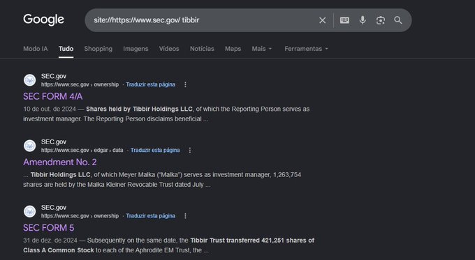 A Google search results page for the site 'https://www.sec.gov/' filtered by 'tibbir', showing SEC filings including 'SEC FORM 4/A' and 'Amendment No. 2' related to Tibbir Holdings LLC and the Malka Kleiner Revocable Trust.