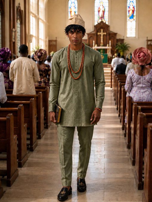 A young man stands in the aisle of a church wearing a green traditional outfit with a coral beaded necklace and matching cap, holding a book.