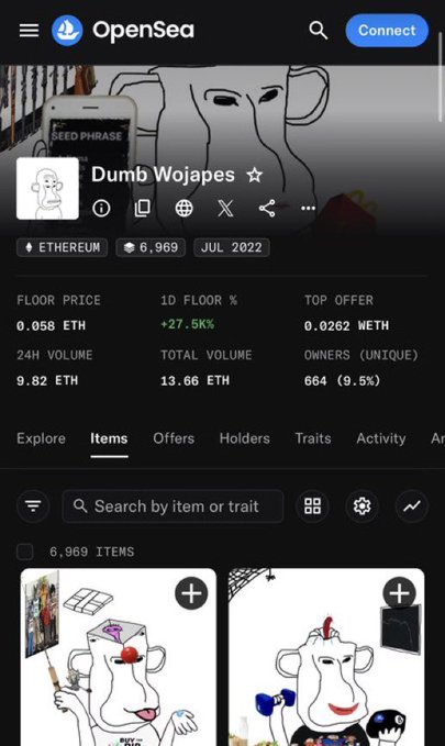 The image shows the OpenSea NFT collection page for "Dumb Wojapes," featuring 6,969 items with a floor price of 0.058 ETH and a top offer of 0.0262 WETH, alongside cartoon wojak-themed NFT artwork.

The screenshot supports the post by confirming the collection's launch metrics (6,969 items on Ethereum) and showing the top offer of 0.0262 WETH (~$200), which aligns with the profit potential mentioned by the poster.