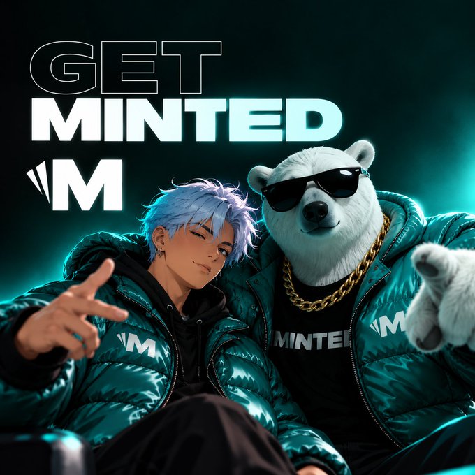 An anime-style promotional image showing a silver-haired character and a polar bear wearing sunglasses and gold chains in teal jackets with 'GET MINTED' text.