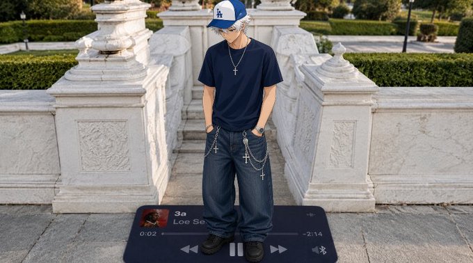 An anime-style character with silver hair, a blue cap, and cross necklace standing on stone steps, with a music player widget showing 'Lee Se' at the bottom.